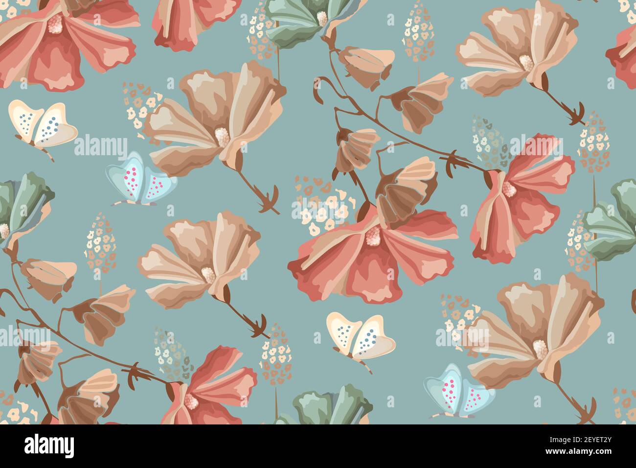 Motif fleuri vectoriel sans coutures. Fleurs rouges, beiges, bleues et papillons. Illustration de Vecteur