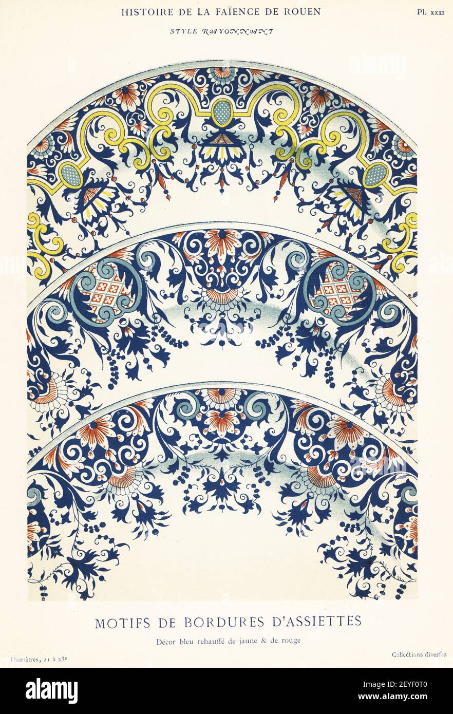 Motifs de bordure de plaque de style festoon bleu, jaune et rouge. Motifs de perdres d'assises, style rayonnant. Chromolithographe d'après une illustration d'Emilie Pottier de l'Histoire de la Fée de Rouen d'André Pottier, Auguste le Brument, Rouen, 1870. Banque D'Images