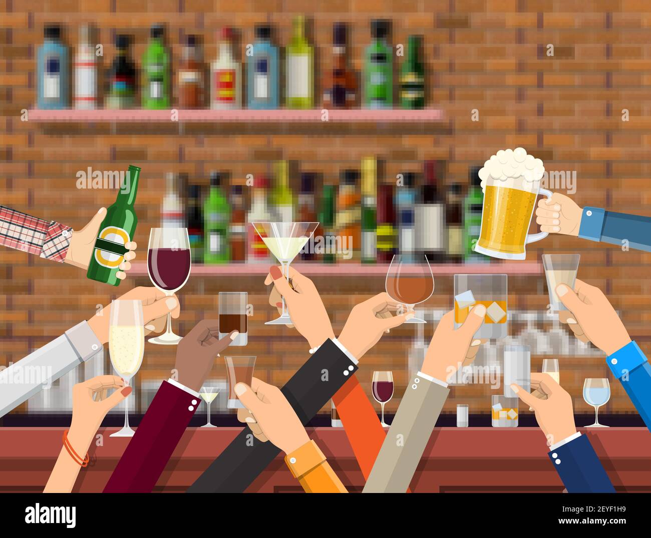 Groupe de mains tenant des verres avec différentes boissons. Illustration de Vecteur