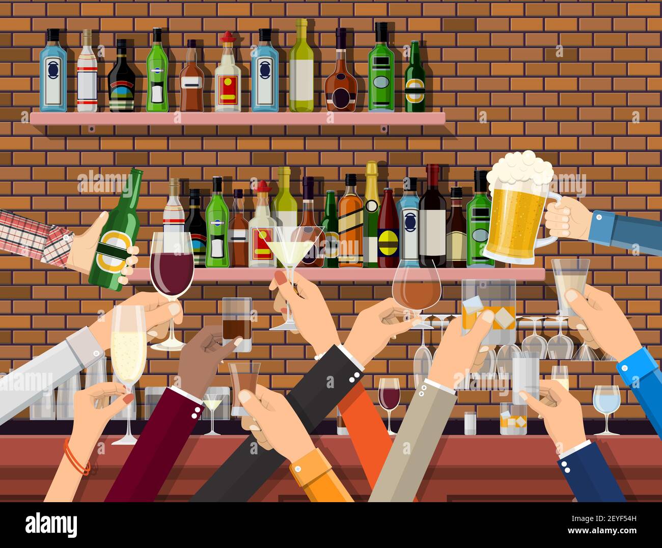 Groupe de mains tenant des verres avec différentes boissons. Illustration de Vecteur