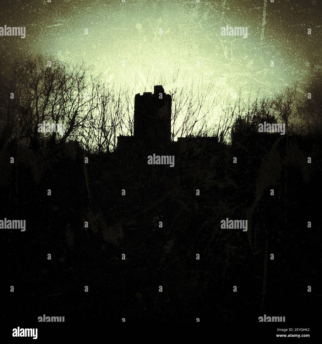 Une silhouette d'une ancienne tour de château en France contre un ciel crépusculaire sombre dans un paysage mystérieux rempli d'arbres Banque D'Images
