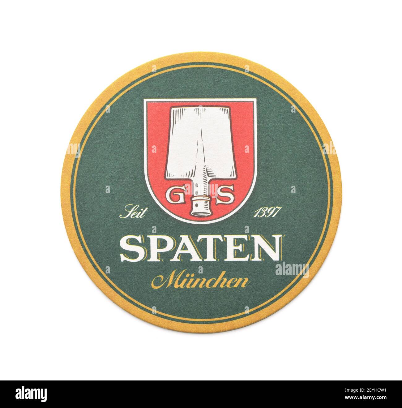 Samara, Russie - Mars 2021. Spaten lager bière beermat coaster isolé sur blanc Banque D'Images