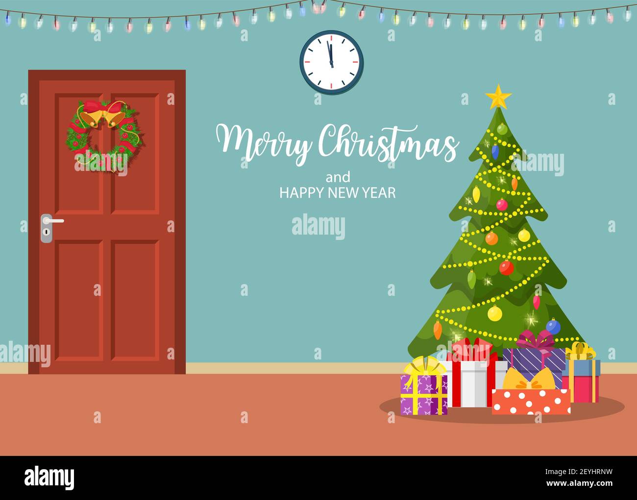 Intérieur de Noël avec porte et arbre Illustration de Vecteur