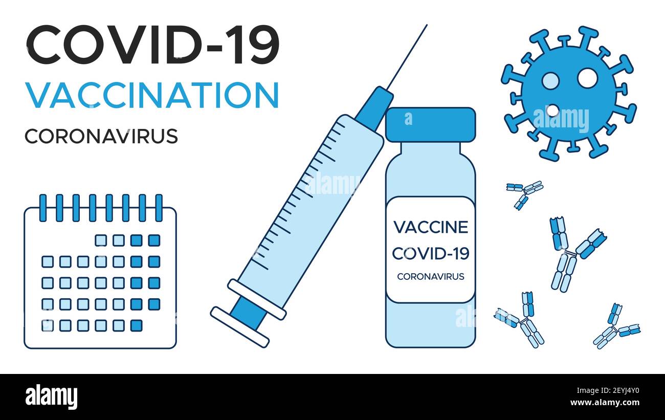 Bannière vaccin COVID-19, calendrier, une ampoule de vaccin et une seringue, coronavirus et anticorps. Un modèle d'affiche médicale dans les tons de bleu. Ven Illustration de Vecteur