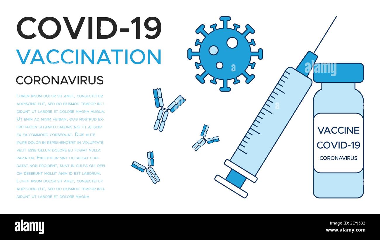 Banner COVID-19 vaccination, une ampoule de vaccin et une seringue, coronavirus et anticorps. Un modèle d'affiche médicale dans les tons de bleu. Vecteur illus Illustration de Vecteur