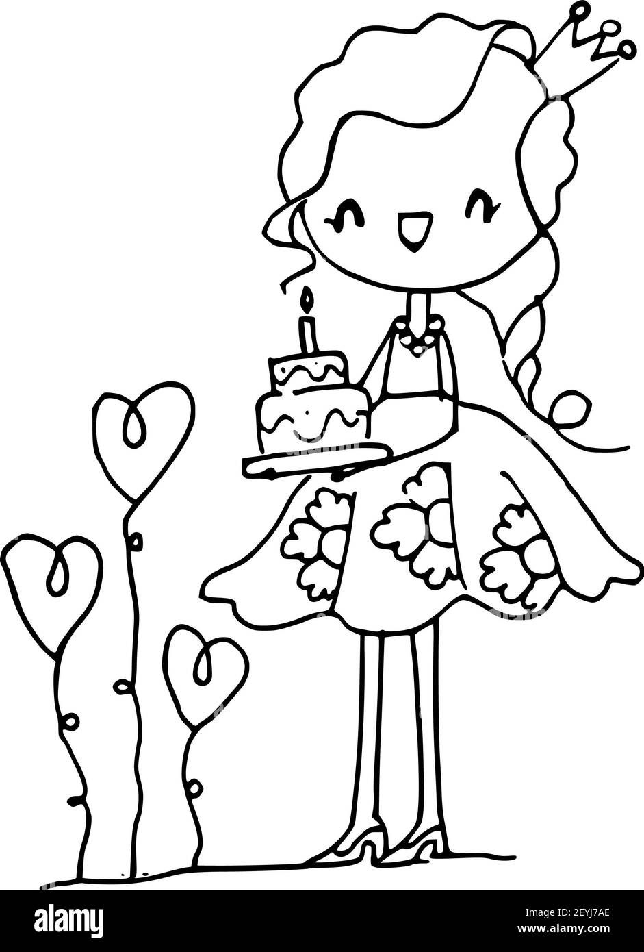 dessin animé noir et blanc princesse tenir gâteau d'anniversaire Banque D'Images