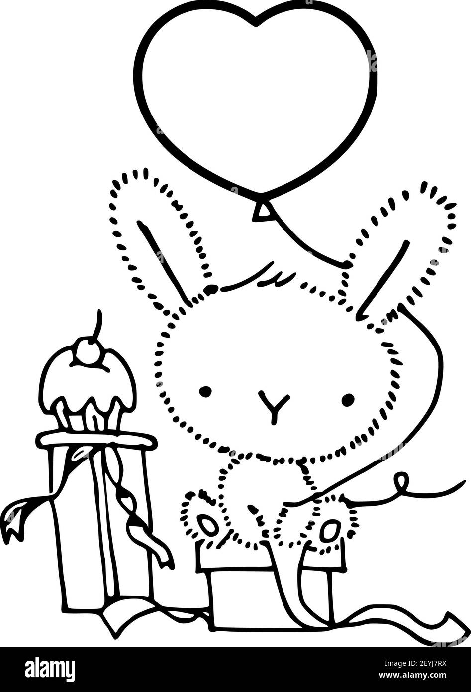 carte de dessin animé vectoriel lapin joyeux anniversaire noir et blanc Banque D'Images