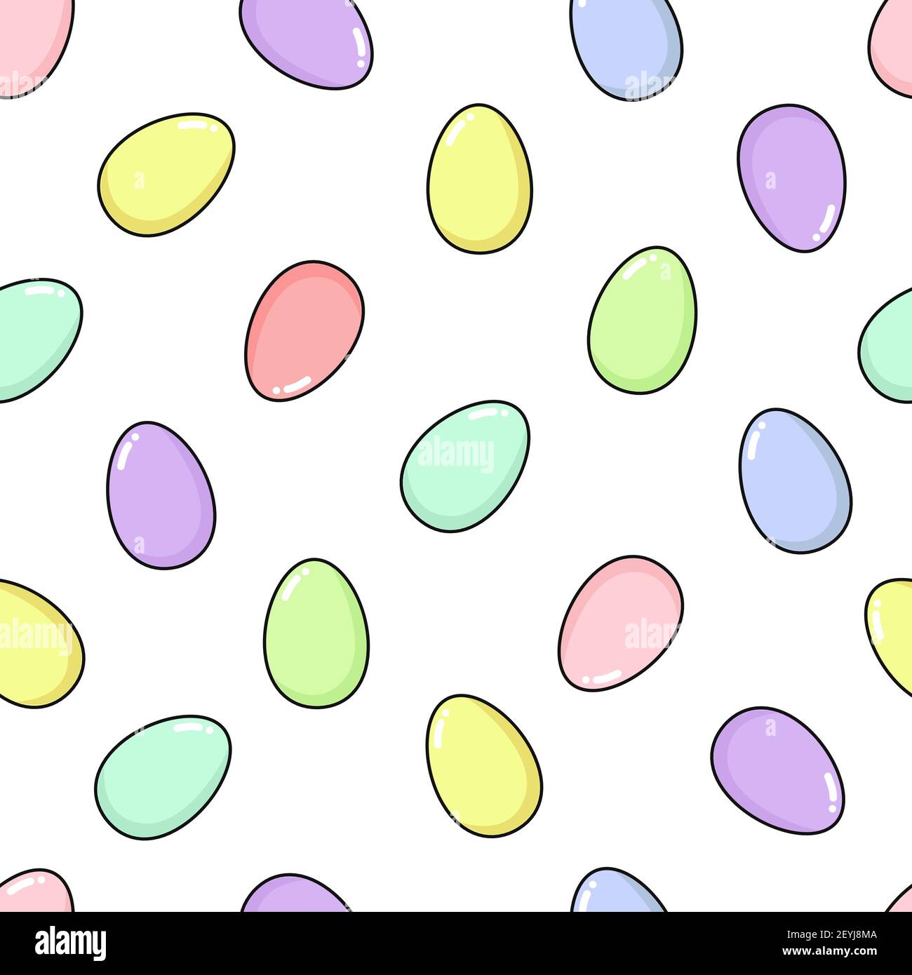 Motif joyeuses Pâques sans coutures avec œufs peints. Des éléments amusants pour les fêtes dans des couleurs délicates : rose, bleu, jaune, violet, vert, lilas, menthe et corail. Carré Illustration de Vecteur