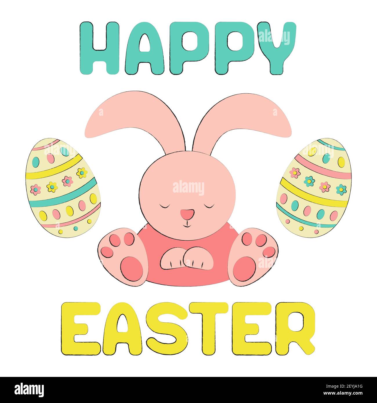 Joyeuses Pâques joli lapin et oeufs de Pâques isolés sur fond blanc. Carte postale ou bannière aux couleurs délicates : rose, bleu, jaune. Format carré, vecteur Illustration de Vecteur