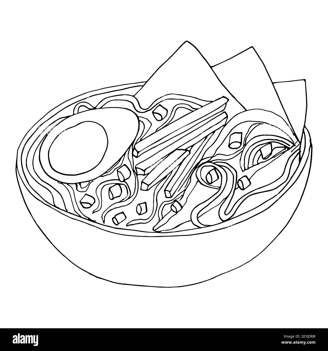Vecteur de soupe de ramen japonais. Repas asiatique traditionnel avec poulet, œufs, carottes, oignons et nouilles dans un bouillon miso. Illustration de stock isolée sur blanc Illustration de Vecteur