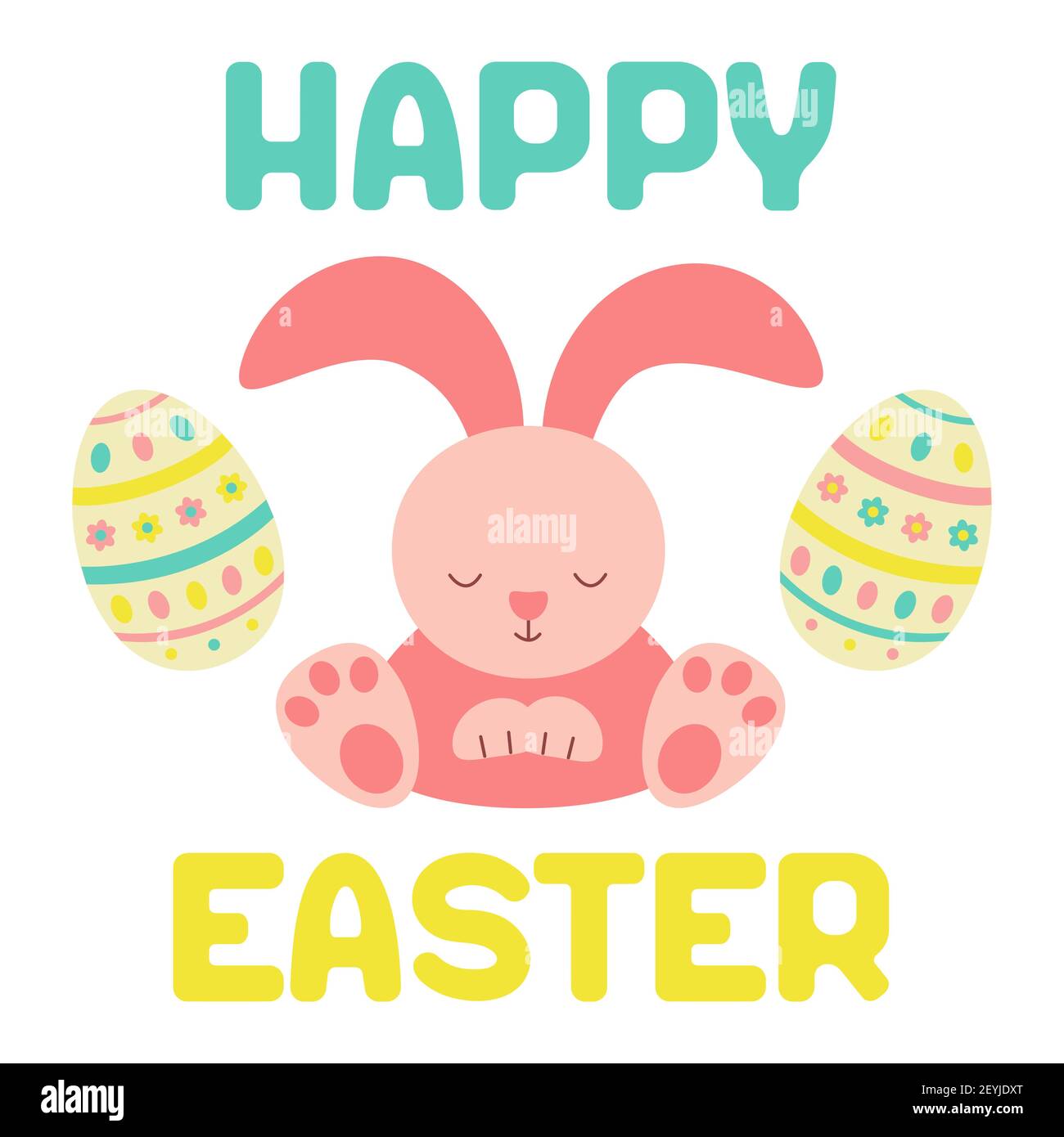 Joyeuses Pâques joli lapin et oeufs de Pâques isolés sur fond blanc. Carte postale ou bannière aux couleurs délicates : rose, bleu, jaune. Format carré, vecteur Illustration de Vecteur