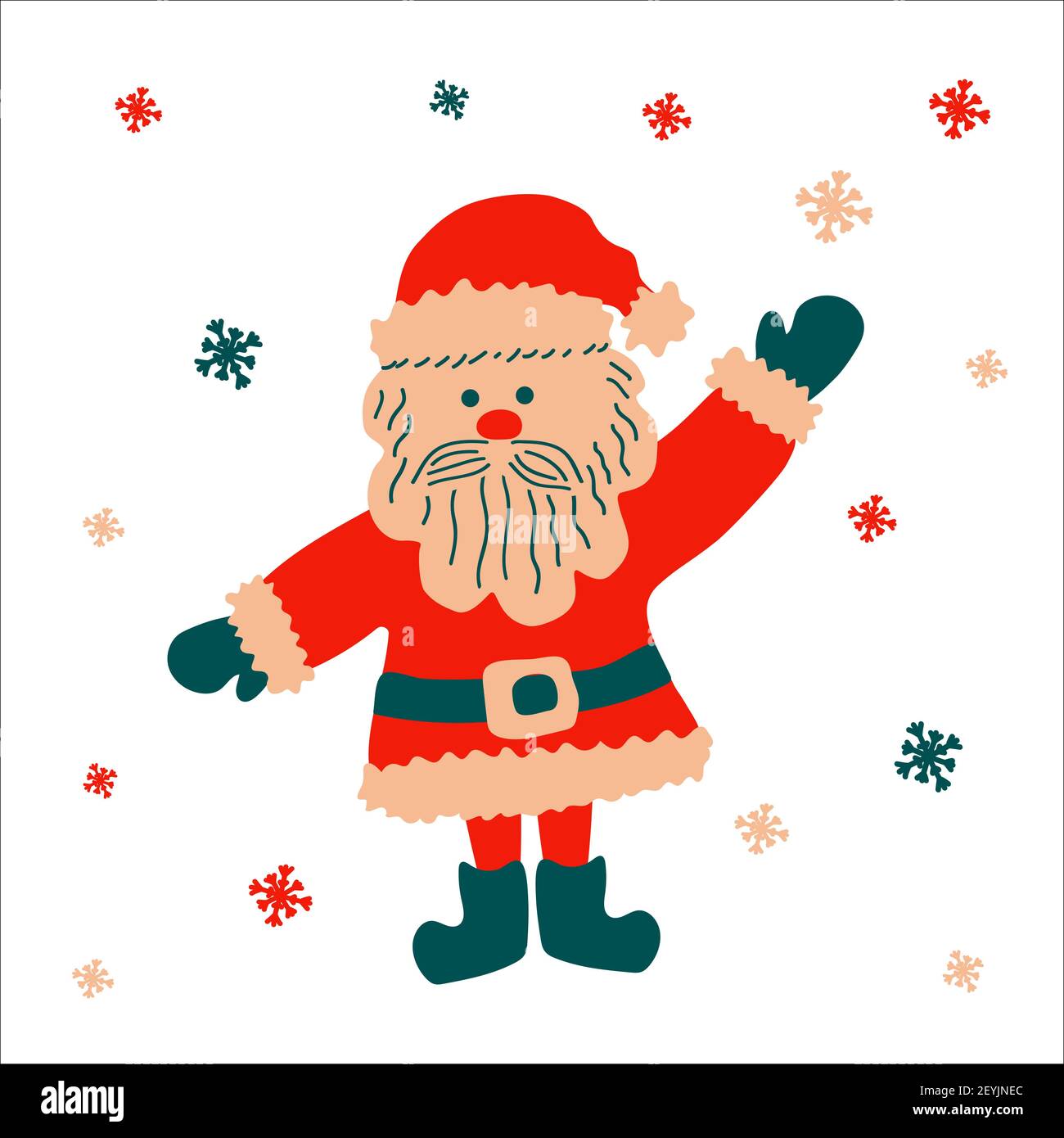 Noël traditionnel drôle personnage de dessin animé Santa Claus accueille avec la main levée sur un fond blanc avec des flocons de neige. Illustration vectorielle, dans sca Illustration de Vecteur