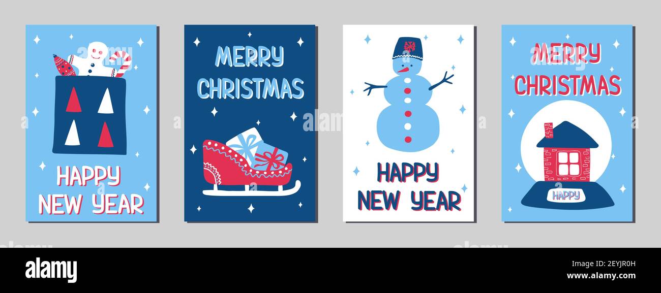 Ensemble de cartes de vœux de Noël et du nouvel an dans le style scandinave, bleu classique, rose et blanc. Illustrations vectorielles avec sy Illustration de Vecteur