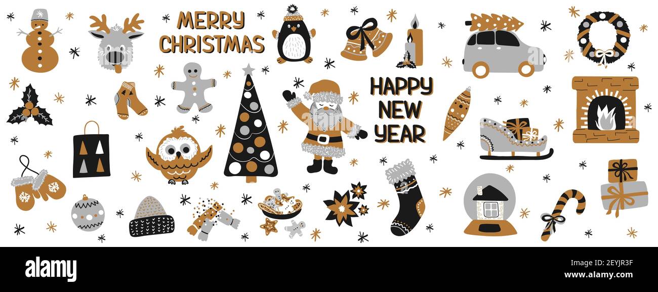 Ensemble de fêtes Merry Christmas avec inscriptions Bonne Année., style scandinave dessiné à la main Illustration vectorielle - collection clip-art o Illustration de Vecteur
