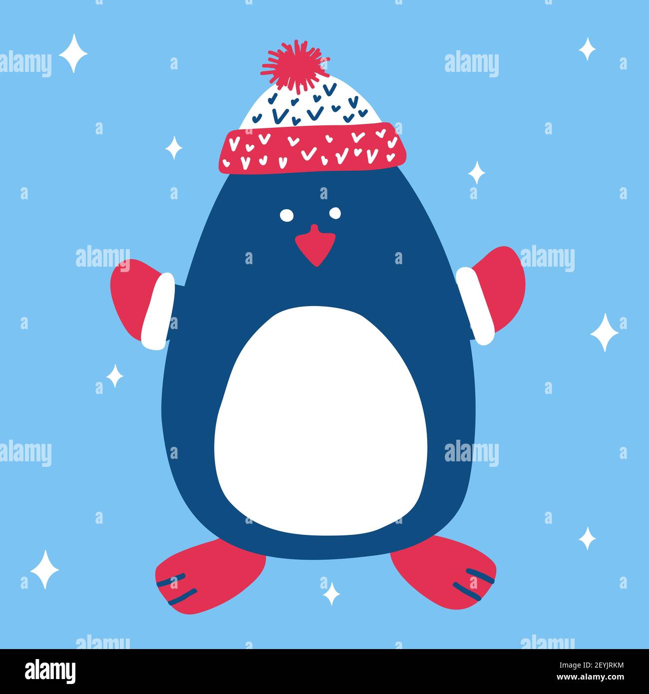 Noël joli pingouin dans un bonnet tricoté et des moufles sur fond bleu avec  flocons de neige en style scandinave dessiné à la main. Illustration  vectorielle, convient Image Vectorielle Stock - Alamy