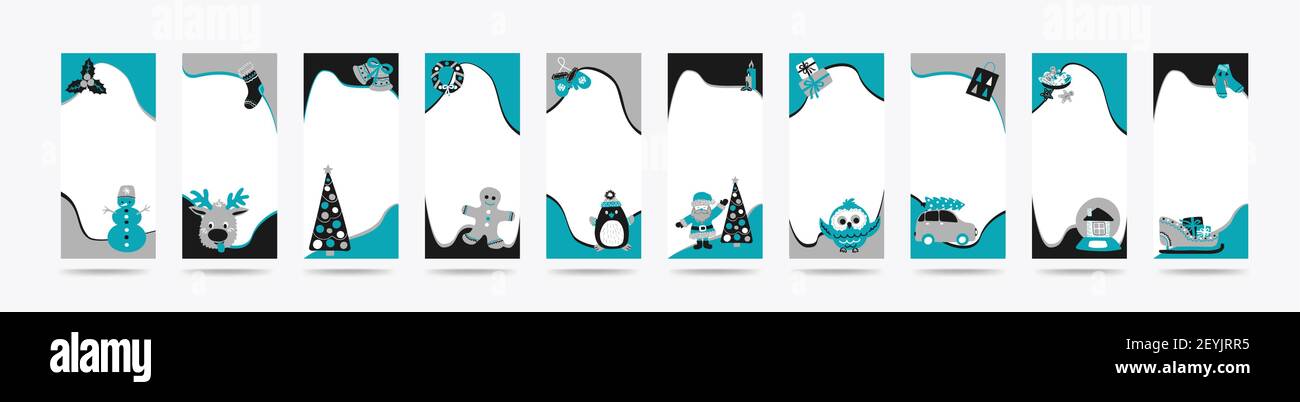 Ensemble de 10 modèles de Merry Christmas Stories pour les réseaux sociaux dans le style scandinave simple dessin à la main. Cadres de vacances en couches pour photo wi Illustration de Vecteur
