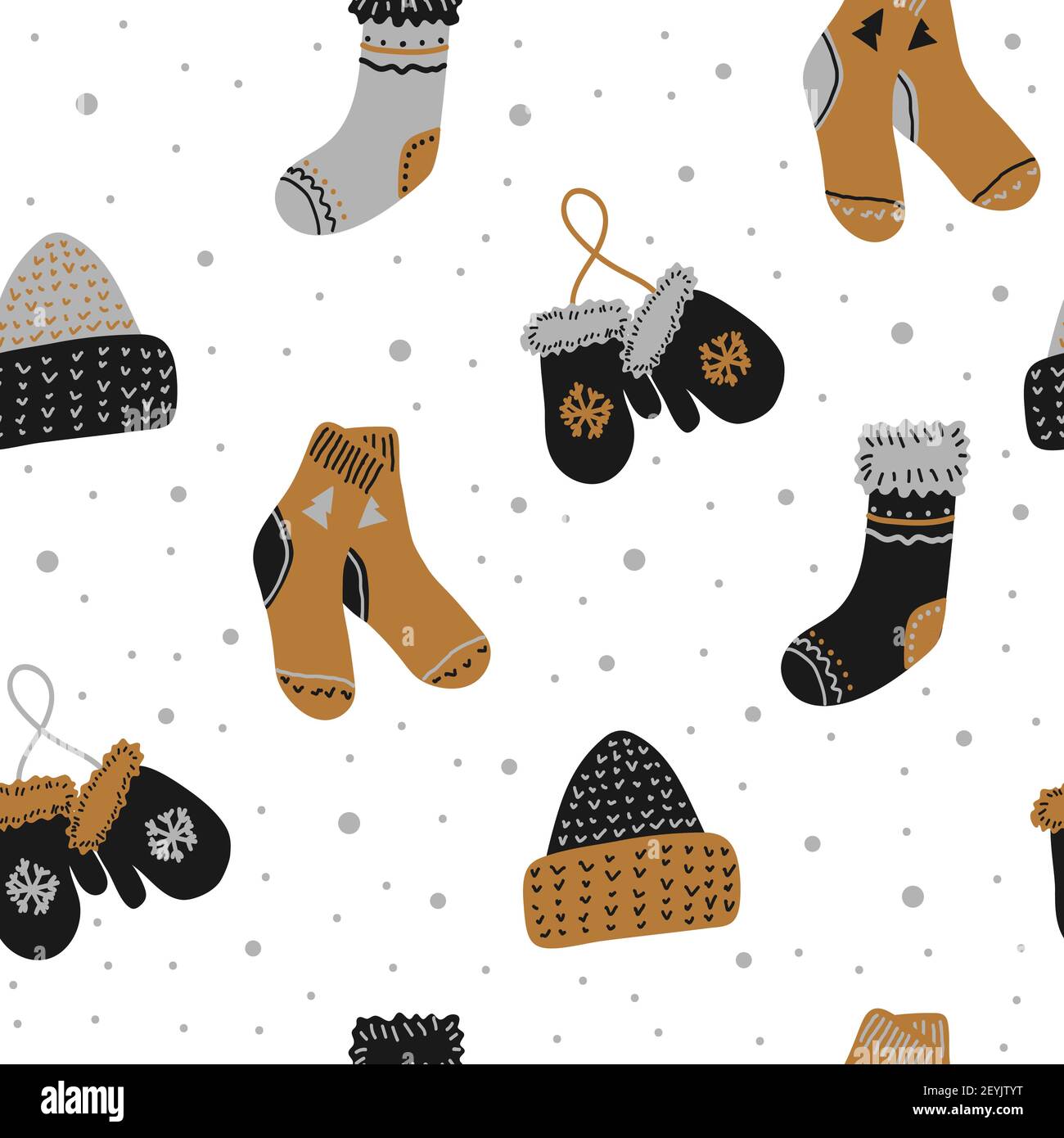 Motif vectoriel de nouvel an et de noël sans couture en style scandinave simple à dessiner à la main. Vêtements chauds traditionnels d'hiver festifs - chaussettes, chapeaux Illustration de Vecteur