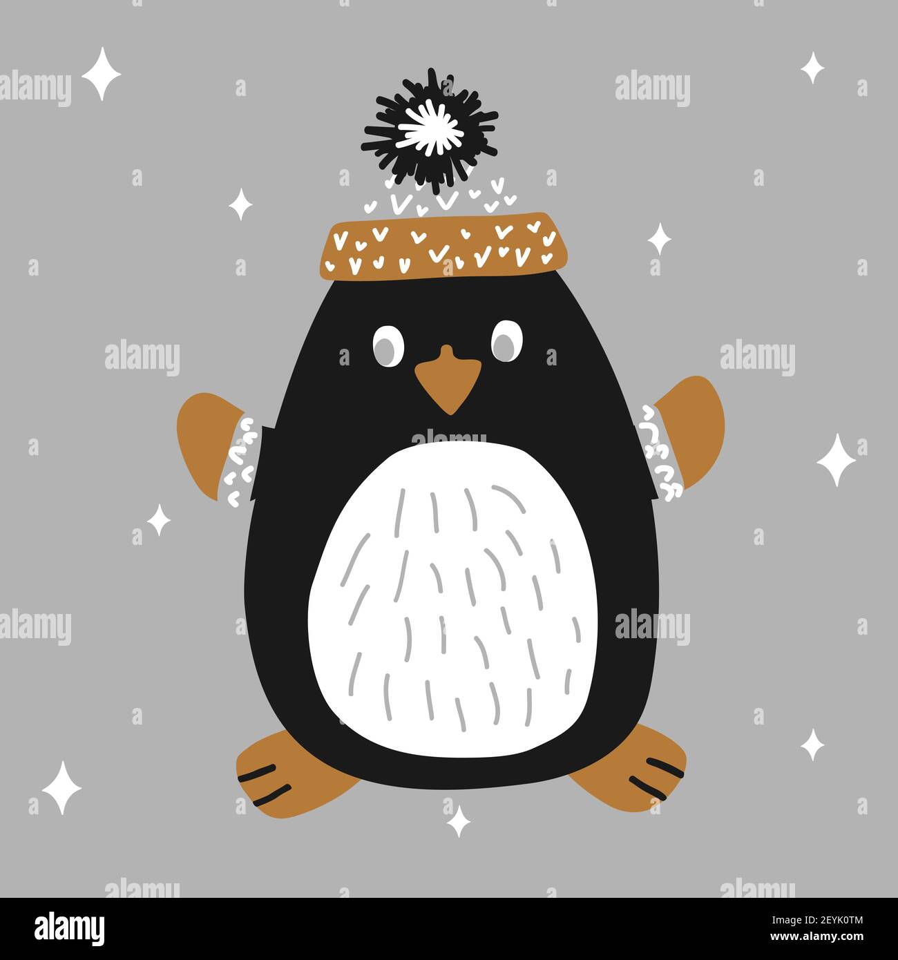 Noël joli pingouin dans un bonnet tricoté et des moufles sur fond blanc avec flocons de neige en style scandinave dessiné à la main. Illustration vectorielle Illustration de Vecteur