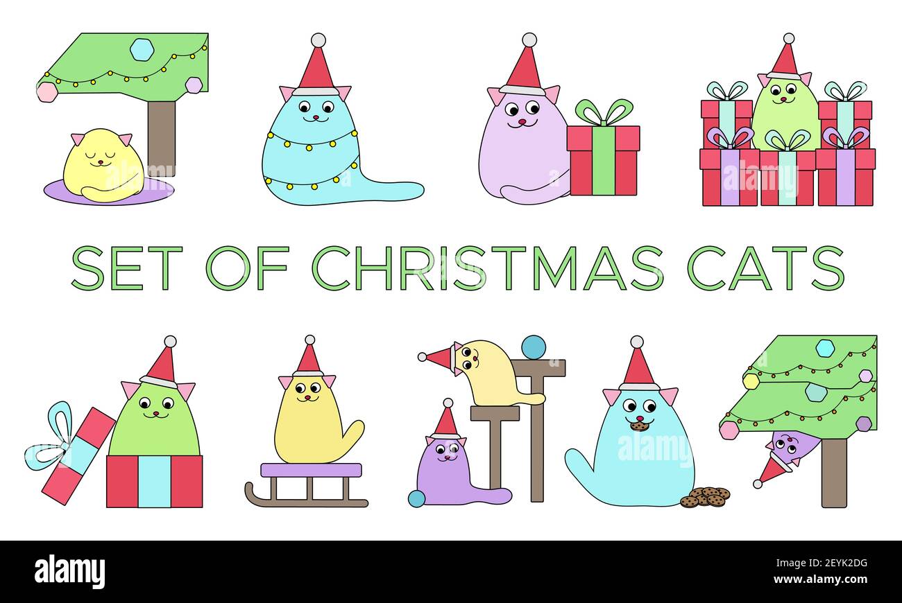 Ensemble de chats de Noël joyeux dans le style de dessin animé et les couleurs pastel. Illustration vectorielle - collection clip-art d'animaux de compagnie mignons, cadeaux, sapin. Mignon. Illustration de Vecteur