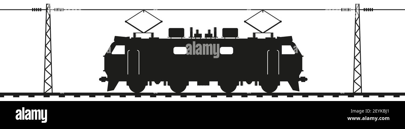 Locomotive électrique sur rails sous le fil de contact. Poteaux électriques de chemin de fer avec lignes aériennes. Silhouette noire isolée sur blanc. Transposor ferroviaire Banque D'Images