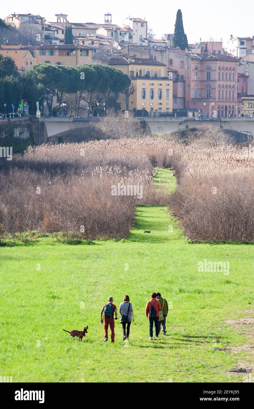 Florence, Italie - 2021, février 21 : un groupe d'amis avec un chien marchant sur un chemin herbeux le long de la rive de l'Arno. Paysage urbain inhabituel de Florence Banque D'Images