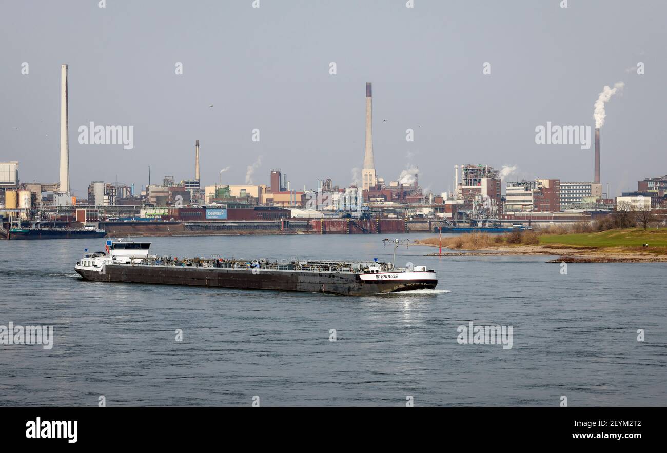 Krefeld, Rhénanie-du-Nord-Westphalie, Allemagne - Tanker RP BrŸgge navigue sur le Rhin après l'usine chimique Chempark Krefeld Uerdingen au port du Rhin de Banque D'Images