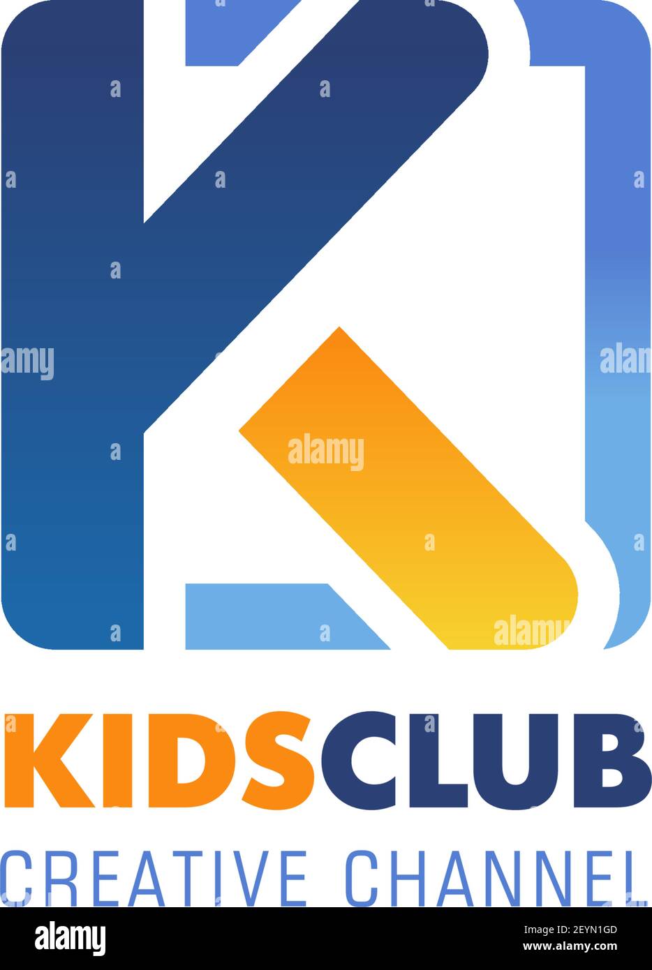 Signe vecteur de canal créatif pour le club enfants. Panneau créatif bleu et jaune pour le lieu de divertissement pour enfants. Concept de centre de jeux pour enfants. Desi. Abstrait Illustration de Vecteur