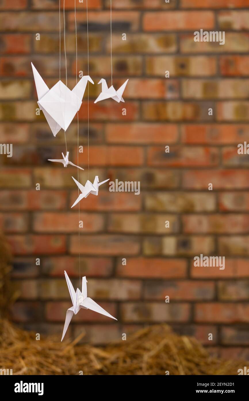 Livre blanc grues symbole japonais de longévité sur fond d'un mur de briques, un lieu pour le texte. Photo de haute qualité Banque D'Images