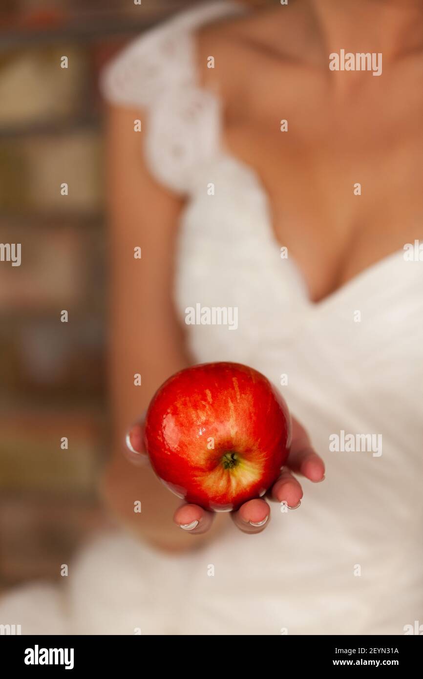 Pomme juteuse rouge dans les mains de la mariée dans une robe de mariage, une zone étroite de netteté, la mariée contre le fond d'un mur de brique est hors de f Banque D'Images