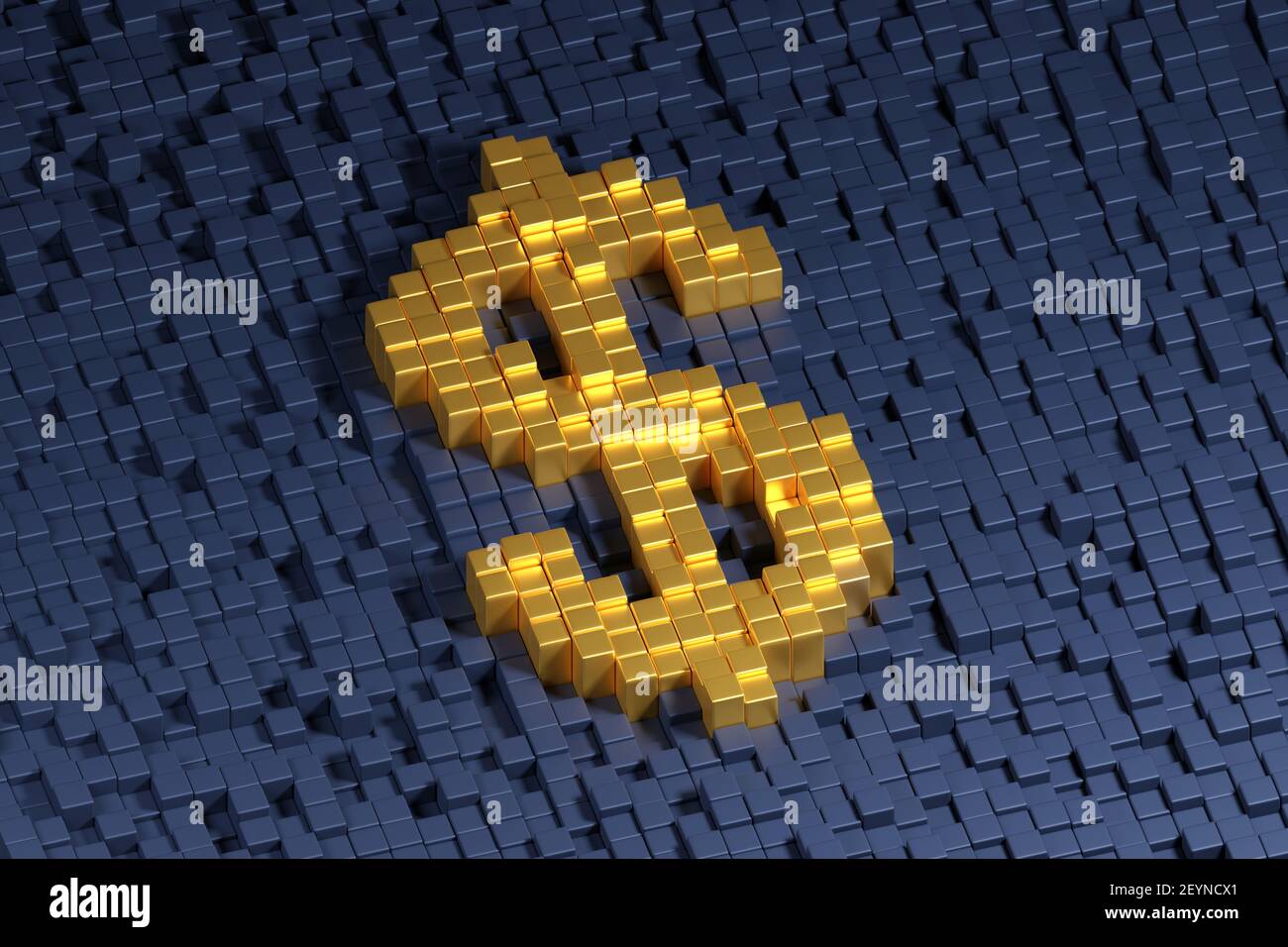 Symbole dollar formé de cubes dorés sur fond sombre. illustration 3d. Banque D'Images