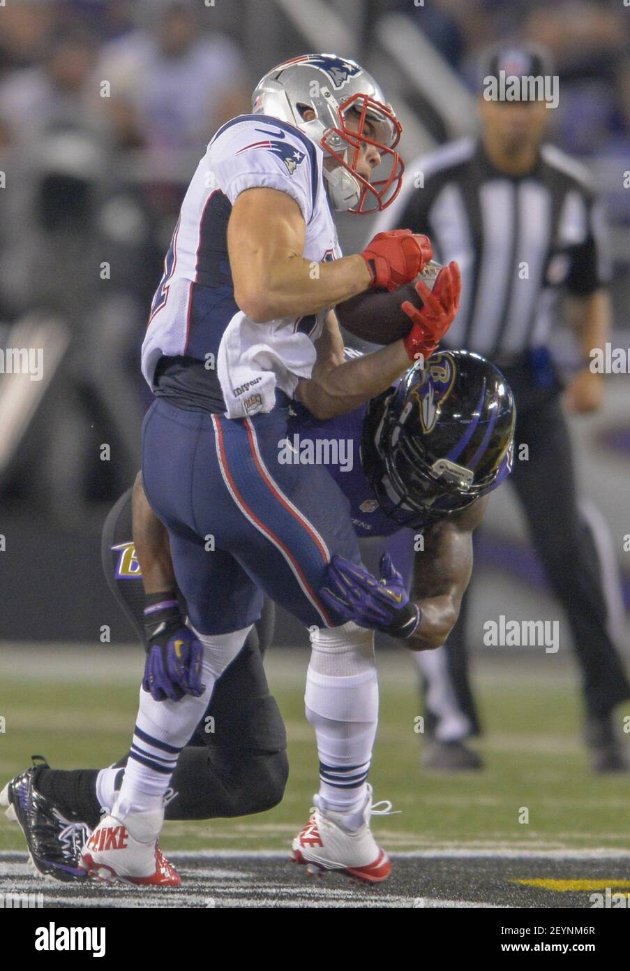 Julian Edelman, grand receveur des Patriots de la Nouvelle-Angleterre, fait une réception à l'occasion de laquelle il a été frappé par Baltimore Ravens Strong Safety James Ihedigbo pendant la première moitié de leur match à Baltimore le dimanche 22 décembre 2013. (Photo de Doug Kapustin/MCT/Sipa USA) Banque D'Images