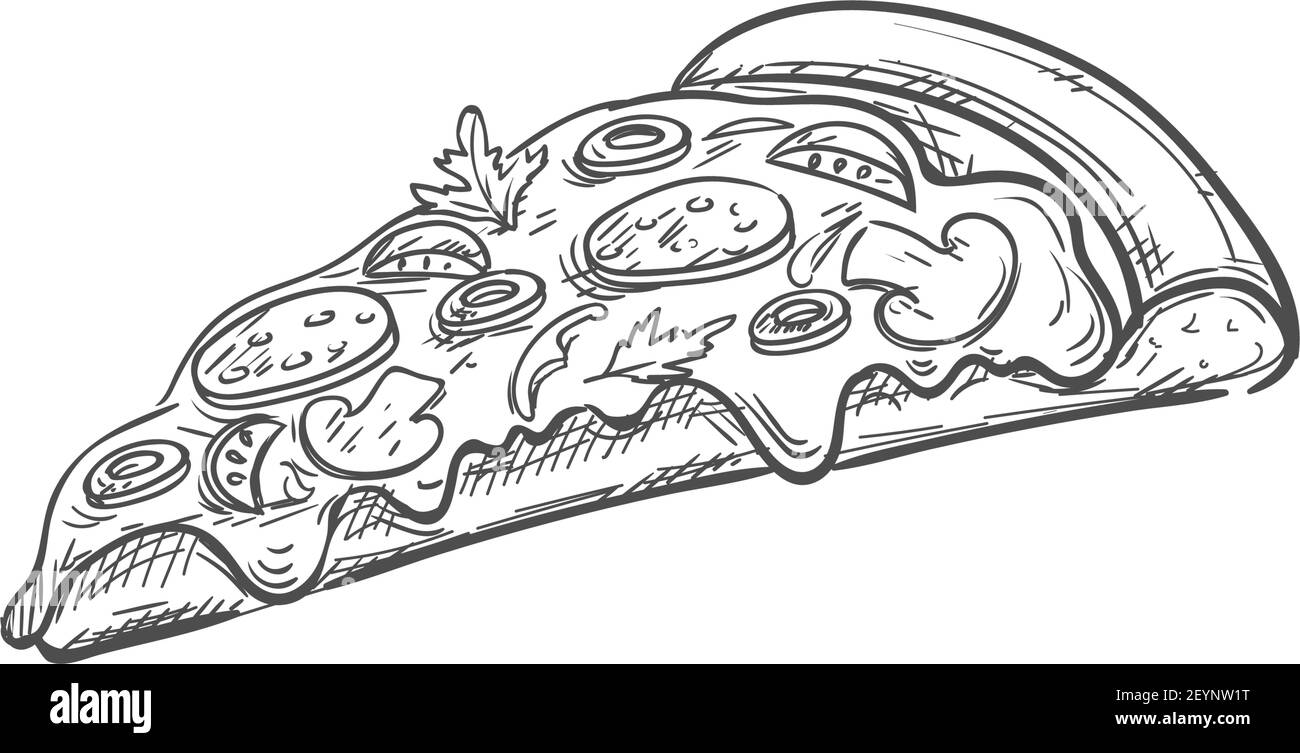 Pizza au fromage pepperoni collation fastfood isolée. Tranche de pain triangle vectoriel avec tomates et saucisses Illustration de Vecteur