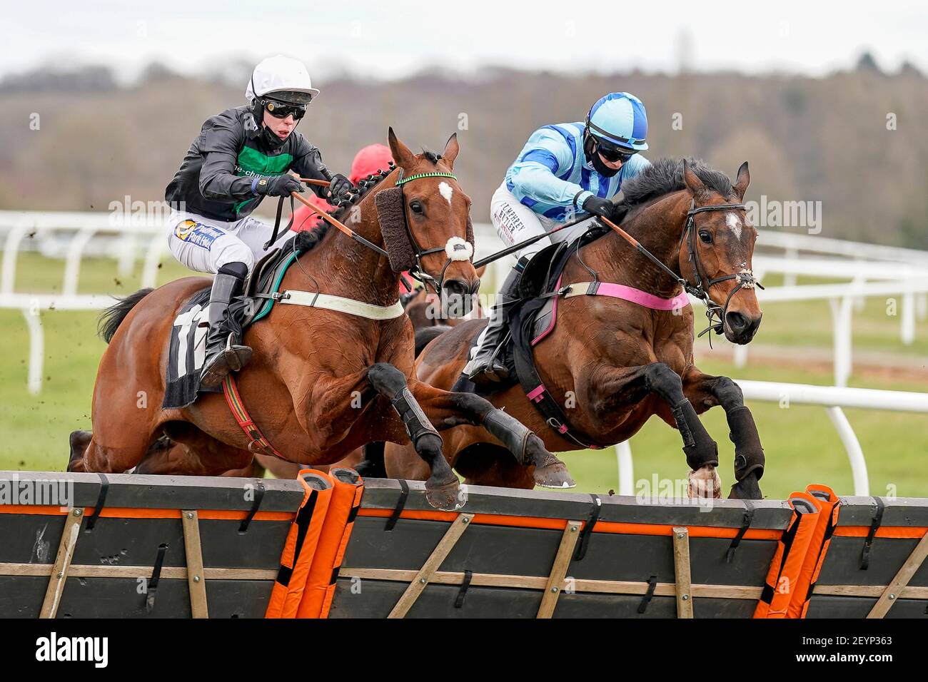 Tom Buckley toujours Resolute (L) Effacer le dernier pour gagner l'obstacle de handicap de BetVictor Seniors à l'hippodrome de Newbury. Date de la photo: Samedi 6 mars 2021. Banque D'Images