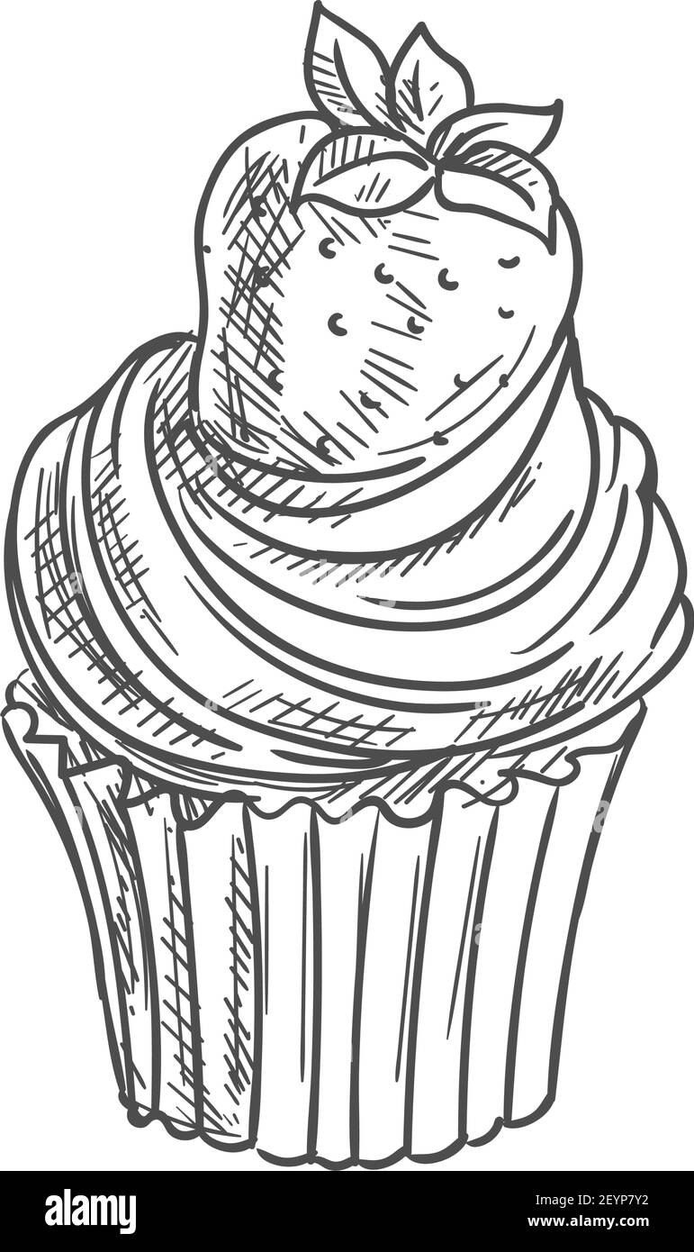 Gâteau de cupcake, muffin avec dessin isolé de fruit de fraise. Gâteau vectoriel recouvert de baies d'été Illustration de Vecteur