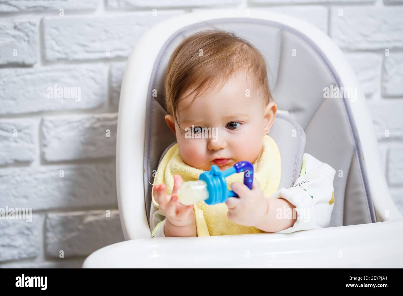 Un Petit Enfant Est Assis Sur Une Chaise Haute Et Mange Des Fruits Par Le Filet Grignoteuse Pour Nourrir Les Bebes Photo Stock Alamy Un Petit Enfant Est Assis Sur Une Chaise Haute Et Mange Des Fruits Par Le Filet Grignoteuse Pour Nourrir Les Bebes Photo Stock Alamy