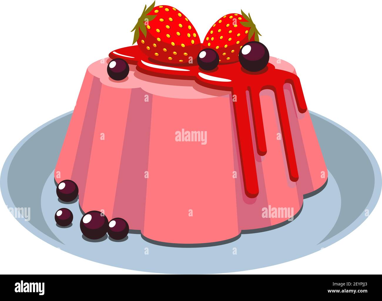 Dessert italien isolé à la pannacotta aux fraises sur l'assiette. Boîte de pudding vectorielle panna cota, boules de chocolat Illustration de Vecteur