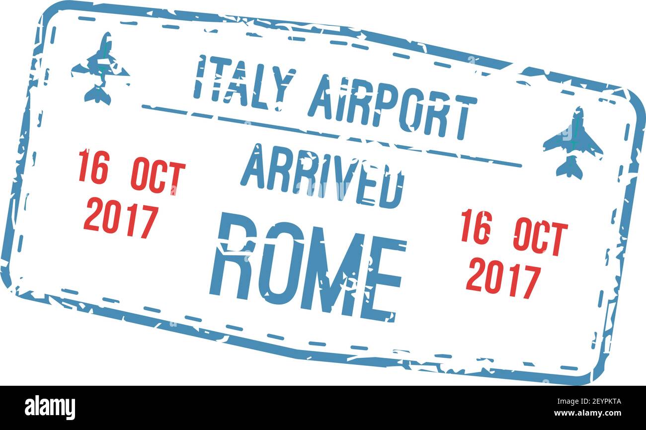 Timbre d'arrivée de l'aéroport d'Italie, destination de la ville de Rome. Modèle, avions et date de l'affiche de visa Vector Illustration de Vecteur