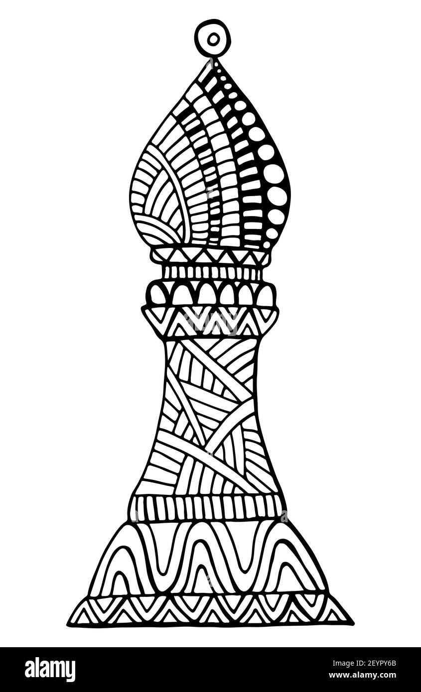 Bishop Chess Piece motif décoratif coloriage page pour adultes et enfants, isolé sur blanc. Figurine éléphant décorative d'échecs. Vecteur de la main Illustration de Vecteur