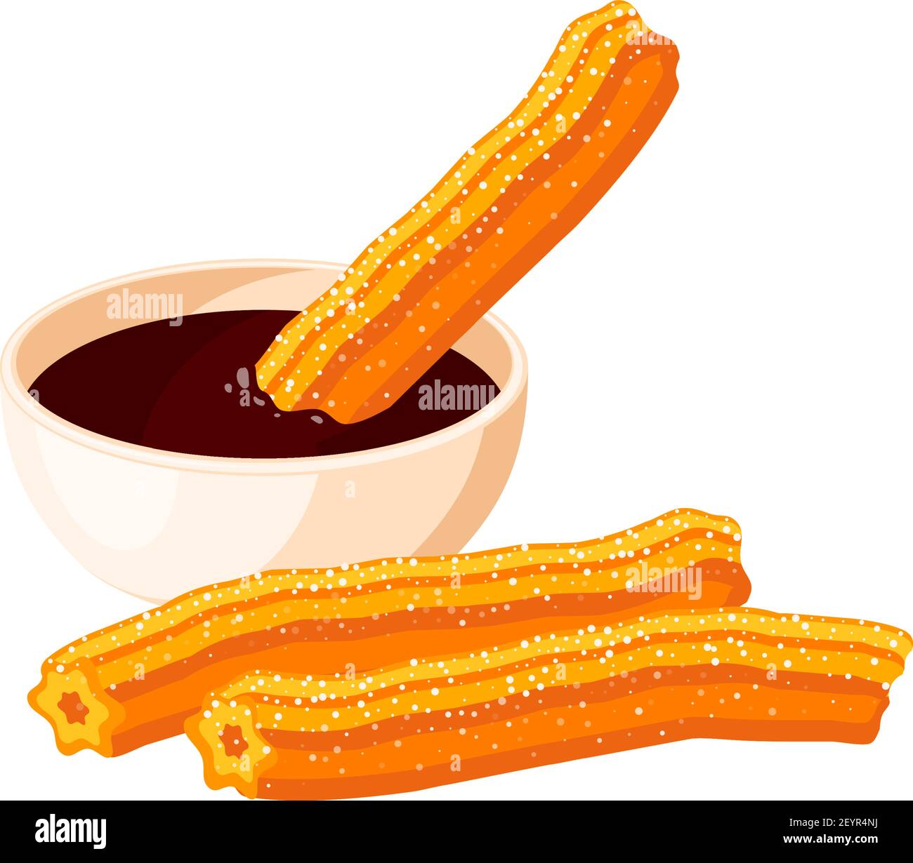 Icône isolée du vecteur de trempette au chocolat et au churos. Mexique Churro pâtisserie sucrée dessert Illustration de Vecteur