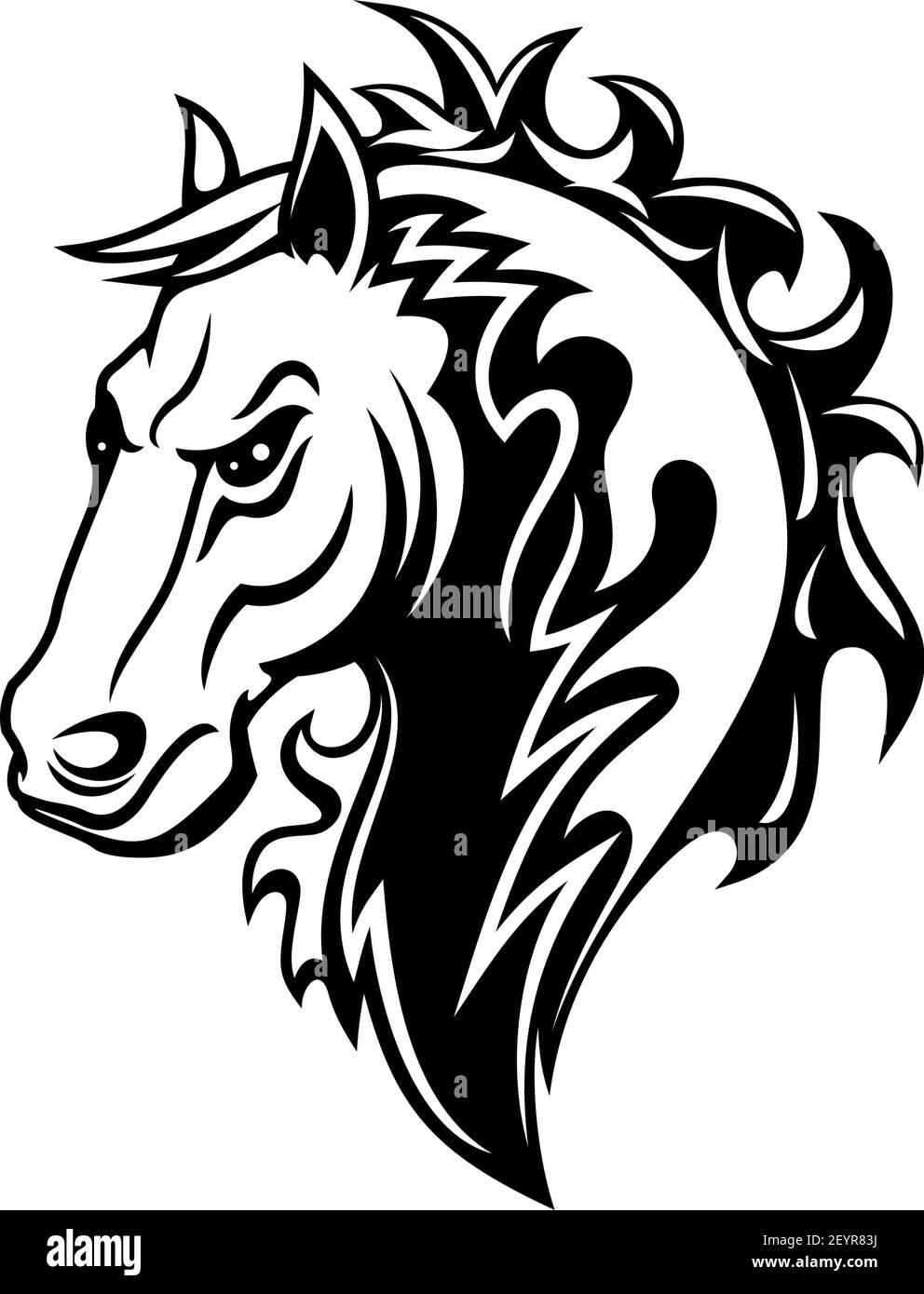Icône isolée de cheval ou de mustang, tatouage tribal et mascotte de sport équestre. Tige noire et blanche ou tête de cheval jument avec museau en colère Illustration de Vecteur