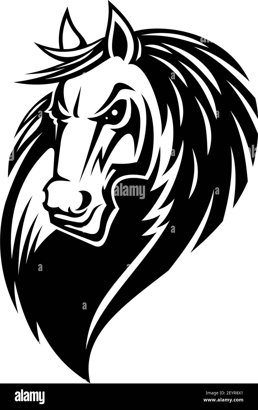 Icône isolée de cheval ou de mustang, tatouage tribal et mascotte de sport équestre. Tige noire et blanche ou tête de cheval jument avec museau en colère Illustration de Vecteur