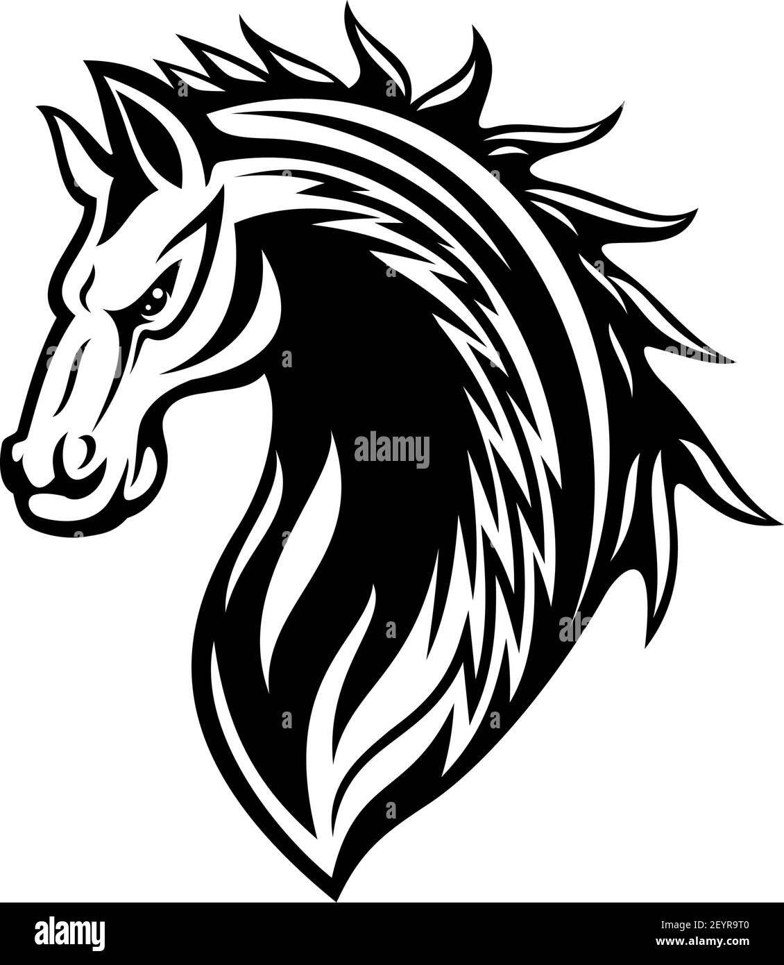 Icône isolée de cheval ou de mustang, tatouage tribal et mascotte de sport équestre. Tige noire et blanche ou tête de cheval jument avec museau en colère Illustration de Vecteur