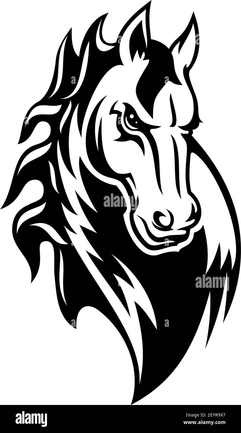 Icône isolée de cheval ou de mustang, tatouage tribal et mascotte de sport équestre. Tige noire et blanche ou tête de cheval jument avec museau en colère Illustration de Vecteur