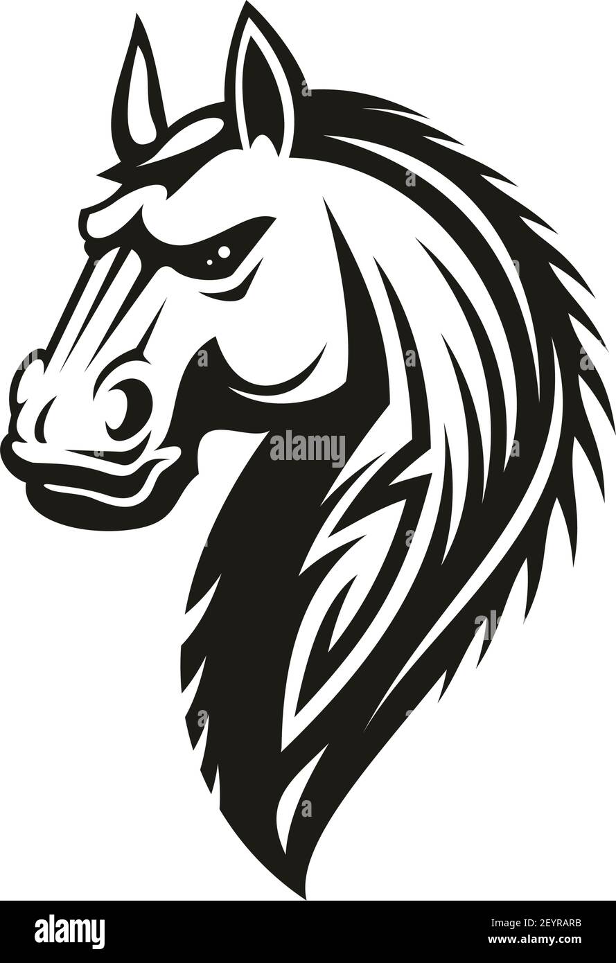 Icône de tête de cheval d'animal tribal noir. Stallion de mustang sauvage ou jument avec col incurvé et mane ornementale pour tatouage, mascotte de sport de course de cheval ou t- Illustration de Vecteur