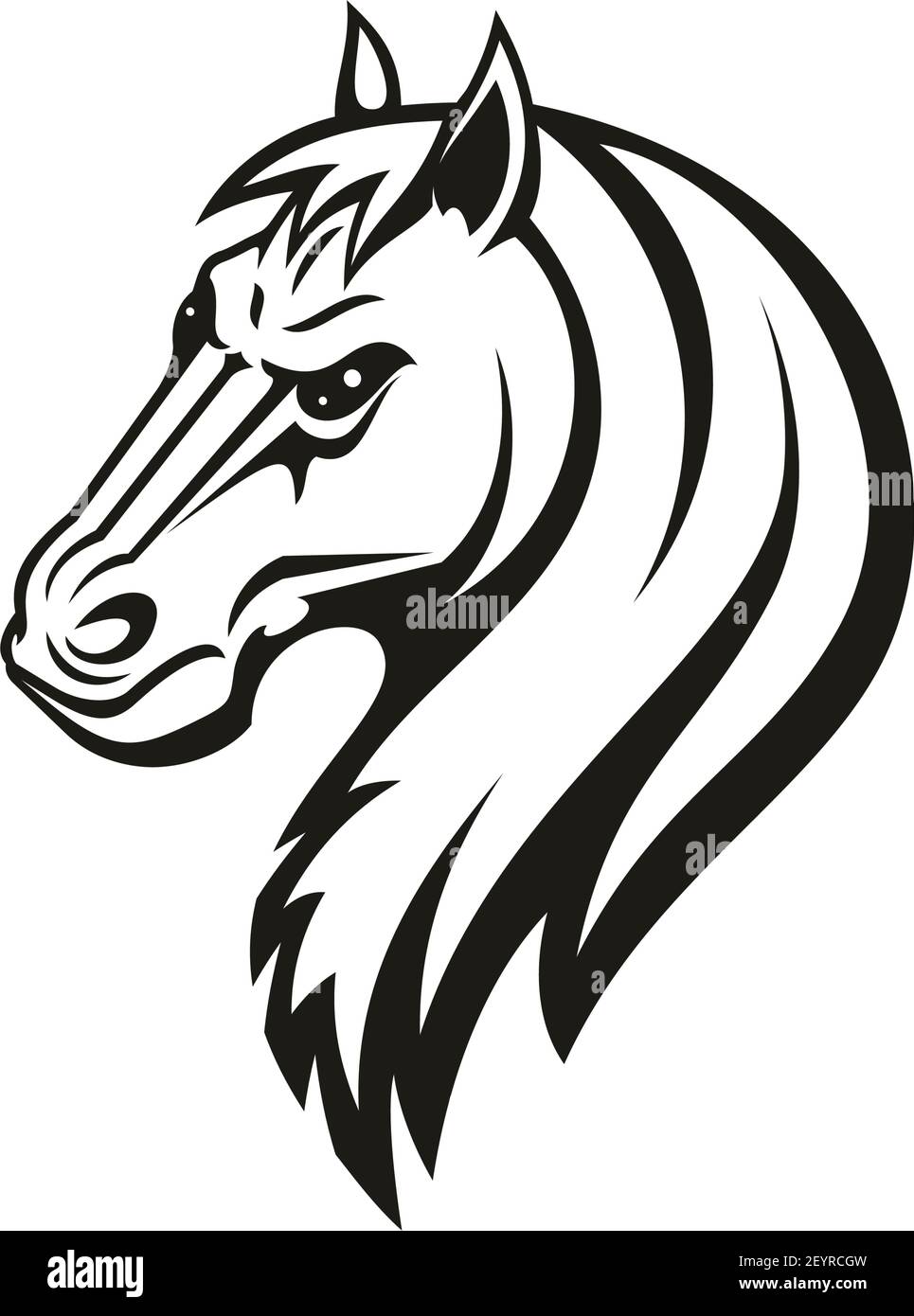 Icône d'animal de cheval de tatouage tribal ou de mascotte de sport de course. Tête de stalinon noir, mustang sauvage ou symbole de cheval de course agressif pour la reproduction f Illustration de Vecteur