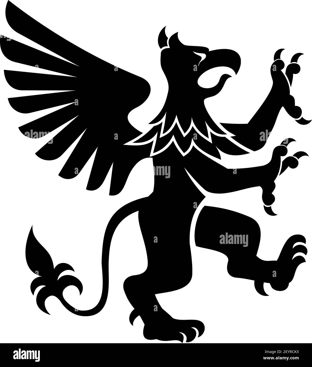 Griffin avec corps, queue, et pattes arrière de lion. Tête, ailes, talons pieds avant de la créature vectorielle isolée de l'aigle Illustration de Vecteur