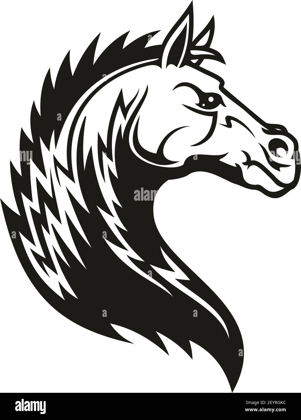 Icône de tête de cheval d'animal tribal noir. Stallion de mustang sauvage ou jument avec col incurvé et mane ornementale pour tatouage, mascotte de sport de course de cheval ou t- Illustration de Vecteur