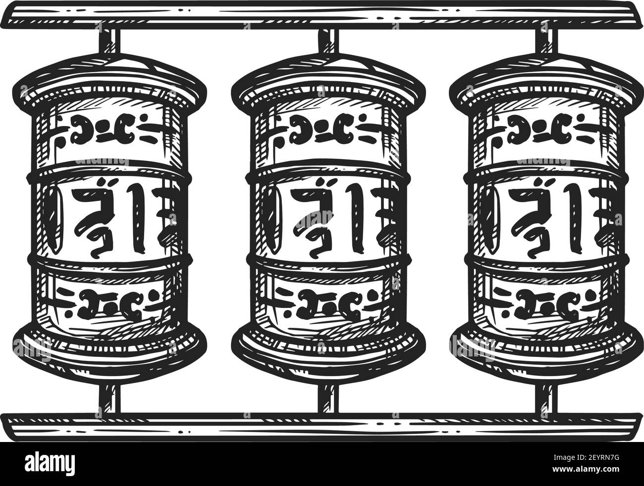 Bouddhisme symbole religieux, roues de prière. Hindouisme bouddhiste religion Dharma, temple roue de prière esquisse vectorielle Illustration de Vecteur