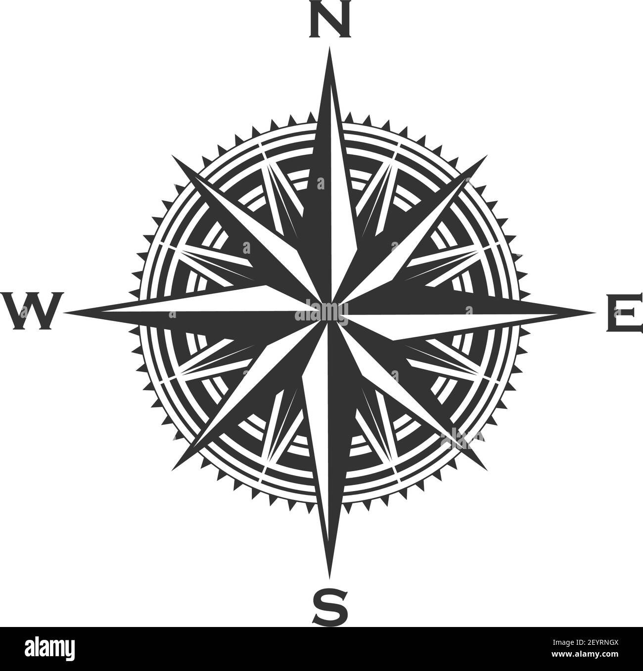 Symbole et signe de la boussole, élément de navigation maritime à vecteur isolé. Rose de vent héraldique panneaux monochromes avec côtés du monde, nord et sud, ouest et Illustration de Vecteur