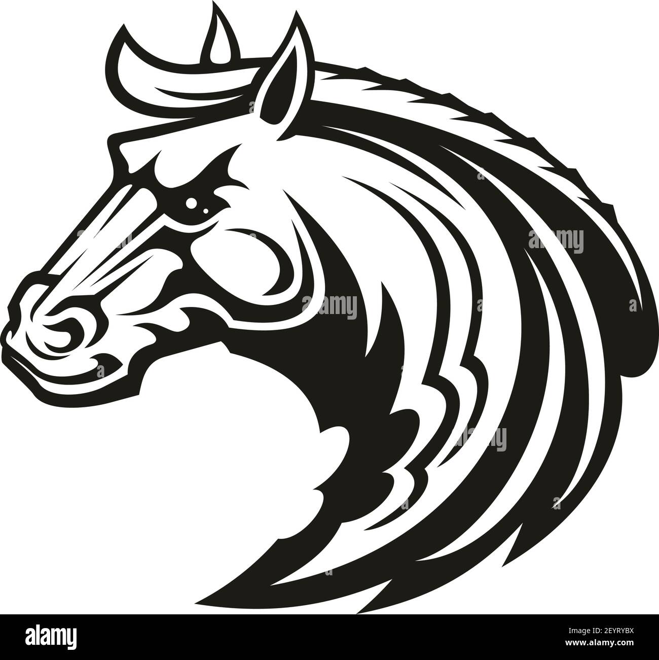 Icône d'animal de cheval de tatouage tribal ou de mascotte de sport de course. Tête de stalinon noir, mustang sauvage ou symbole de cheval de course agressif pour la reproduction f Illustration de Vecteur